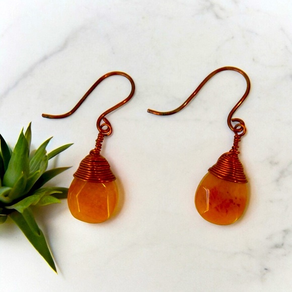 Handmade drop hook earrings jewelry in copper with orange stones - Picture 1 of 5